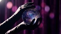 Hands holding crystal ball with cosmic galaxy universe inside against purple bokeh background for fortune telling mystical predictions spiritual guidance.