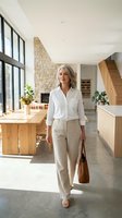 Mature woman with gray hair wearing white button-up shirt and beige linen pants walks through modern home entryway carrying brown leather tote bag, suitable for lifestyle and real estate marketing.
