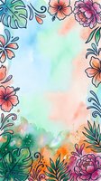 Watercolor tropical floral frame with hibiscus, monstera leaves, and peonies on pastel background with copy space for text.