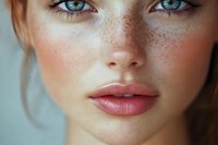 Young Caucasian woman with freckles and green eyes close-up portrait showing natural beauty and skincare concept for cosmetics and wellness industry.