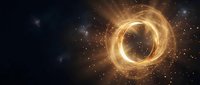 Golden energy ring with bright particles and cosmic glow against dark space background for sci-fi designs and futuristic concepts.