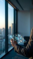 Person holding transparent digital tablet with glowing AI icons and network symbols, standing by high-rise window overlooking city skyline at sunset. Technology and innovation concept.