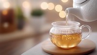 Hot tea pouring from white ceramic teapot into glass cup on wooden coaster, golden liquid with steam and bokeh lights in soft focus background.
