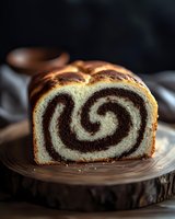 Freshly baked chocolate swirl bread loaf with marbled pattern on wooden cutting board, homemade bakery dessert for breakfast and snacking occasions.