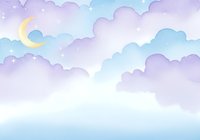 Dreamy pastel sky with fluffy clouds and crescent moon in soft purple, blue and pink watercolor style for nursery decor and children's room design.