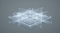 Futuristic holographic circuit board with glowing lines and geometric patterns on gray background for technology and digital innovation concepts.