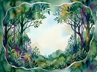 Watercolor forest frame with lush green trees and foliage creating natural border for text or design elements on white background.
