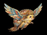 Ornate fantasy creature with golden fur, decorative wings featuring turquoise and orange patterns, isolated on transparent background. Ready for t-shirt design, clipart, stickers, sublimation, and print-on-demand projects.