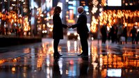 Silhouettes of business people talking on wet city street at night with glowing bokeh lights and reflections creating romantic urban atmosphere.