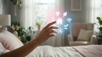 Person with medium skin tone reaching toward glowing smart home icons including wifi, heart, and connected device symbols in modern bedroom with plants and natural light.