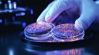Scientist holding petri dishes with glowing bacterial colonies in laboratory under UV light, demonstrating microbiology research and scientific experimentation.