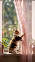 Adorable calico kitten standing on windowsill with pink curtains, looking outside at garden. Cozy home interior with houseplants and natural sunlight streaming through.