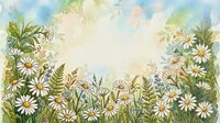 Watercolor wildflower meadow border with daisies, ferns, and blue blooms framing a soft pastel sky background with copy space.