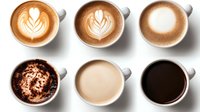 Variety of coffee drinks in white cups from top view, showing latte art, cappuccino, espresso, mocha, and black coffee on white background.