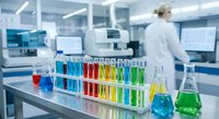 Laboratory test tubes with colorful chemical solutions and flasks in modern research facility with scientist working in background for scientific experiments.