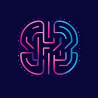 Neon gradient brain maze symbol on dark blue background representing artificial intelligence, neural networks, and cognitive technology.