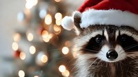 Adorable raccoon wearing red Santa hat against blurred Christmas lights background, creating festive holiday mood with bokeh effect and warm atmosphere.