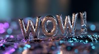 Metallic silver WOW text on glittery surface with bokeh lights in blue and purple tones creating magical atmosphere for social media and marketing designs.