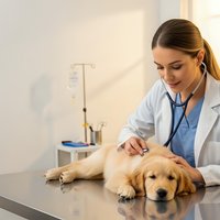 Female veterinarian examining golden retriever puppy with stethoscope in modern clinic for pet healthcare and animal medical checkup services.