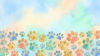 Watercolor paw prints in pastel colors scattered across soft blue and cream background, suitable for pet-related designs, animal lovers' projects, and children's illustrations.