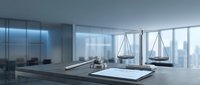 Modern law office interior with scales of justice on desk overlooking city skyline through large windows for legal and corporate business concepts.