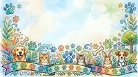 Cute pets and animals with colorful flowers and paw prints on watercolor background, isolated design for children's products, greeting cards, and pet-related merchandise.