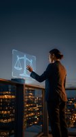 Professional woman lawyer interacting with holographic justice scales display in modern office overlooking city skyline at dusk for legal technology concepts.