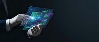 Businessman hands holding futuristic transparent tablet displaying global network connections and digital data visualization on dark background.