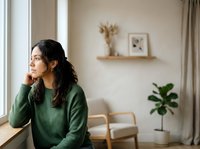 Woman with long dark hair, East Asian ethnicity, wearing green sweater, sitting by window in modern home interior with minimalist decor, natural light, contemplative mood, suitable for lifestyle and wellness content.
