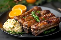 Juicy grilled pork ribs with honey glaze served with creamy mashed potatoes, fresh rosemary herbs and orange slices on black plate. Food photography.