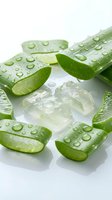 Fresh aloe vera slices with water droplets arranged around clear gel cubes on white background, suitable for skincare, cosmetics, and wellness product marketing.