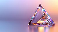 Luminous crystal triangular prisms with rainbow light reflections on gradient purple and peach background, creating modern minimalist composition.