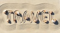Word TRAVEL written with seashells on wavy raked sand, summer vacation concept for banners, posters, and travel agency designs.