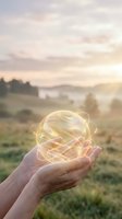 Hands holding glowing energy orb with light trails over countryside landscape at sunset for spiritual healing and wellness concepts.