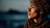 Young woman with curly hair and ethnic jewelry gazing at sunset by ocean, golden light illuminating her profile against blurred seascape background.
