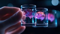 Glowing digital brain models in glass containers on dark background with bokeh lights showcase futuristic neuroscience and artificial intelligence concepts.