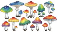Colorful fantasy mushrooms collection with vibrant rainbow caps and white stems isolated on transparent background for creative design projects.