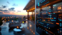 Digital analytics dashboard with financial data charts and graphs displayed on glass screen, blurred urban rooftop lounge with sunset cityscape in background.