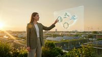 Professional businesswoman in green suit presenting financial growth concepts with floating money symbols against urban sunset backdrop for corporate presentations.