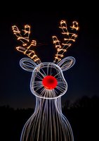 Glowing reindeer light decoration with red nose and golden antlers against dark night sky, illuminated outdoor holiday display featuring modern line art design.