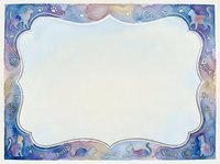 Watercolor frame border with purple blue gradient and floral elements, empty white center space for text or design, decorative ornamental edge.