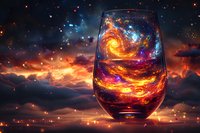 Surreal wine glass reflecting spiral galaxy and cosmic clouds against dramatic sunset sky with glowing stars and magical light particles.