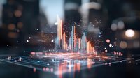 Futuristic glowing city skyline rises from digital surface with neon lights and reflections, creating atmospheric urban landscape against dark background with bokeh effect.