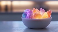 Glowing geometric crystals in rainbow colors arranged in white ceramic bowl, magical ethereal lighting creates mystical atmosphere. For spiritual and wellness designs.