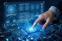 Businessman hand touching AI processor chip on circuit board with holographic interface displaying artificial intelligence and machine learning concepts.