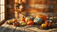Autumn harvest display with orange and green pumpkins, gourds and candles on rustic wooden table near window with warm sunlight for seasonal decoration.