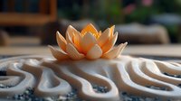 Serene orange lotus flower on raked sand garden with flowing zen pattern creates peaceful meditation and wellness atmosphere for spa and relaxation designs.