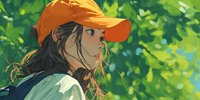 Young woman with long dark hair wearing bright orange cap against lush green foliage background, painted in vibrant brushstroke style.