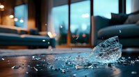 Shattered glass fragments scattered on wooden floor with dramatic evening lighting and bokeh effect through window, creating atmospheric mood.