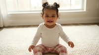 Happy mixed-race toddler girl with space buns hairstyle sitting on floor in white bodysuit and striped pants, smiling at camera in bright natural light.